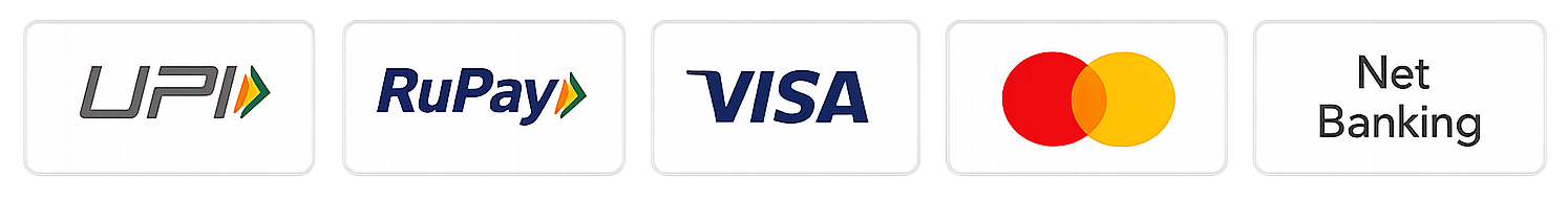 We Accept UPI, RuPay, Visa, Mastercard, Net Banking